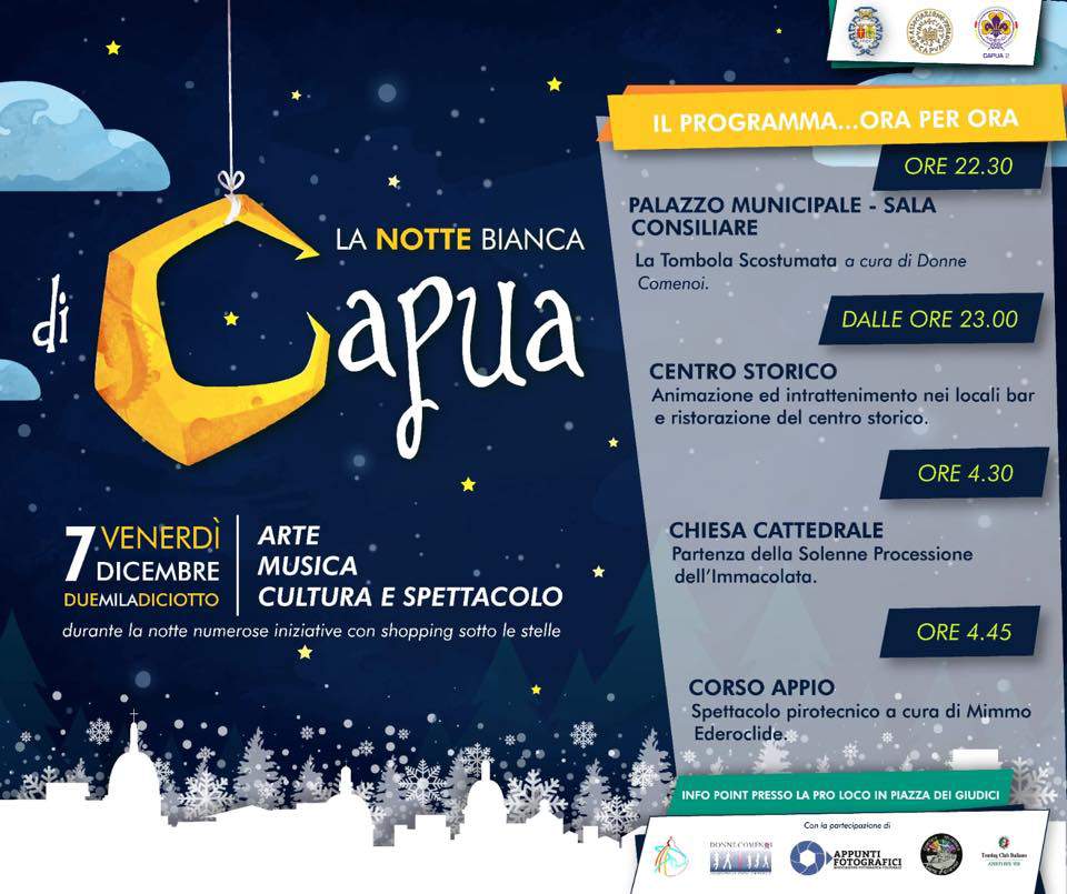 Capua. Venerdì 7 dicembre 2018 “La notte bianca a Capua”. Tutto il programma